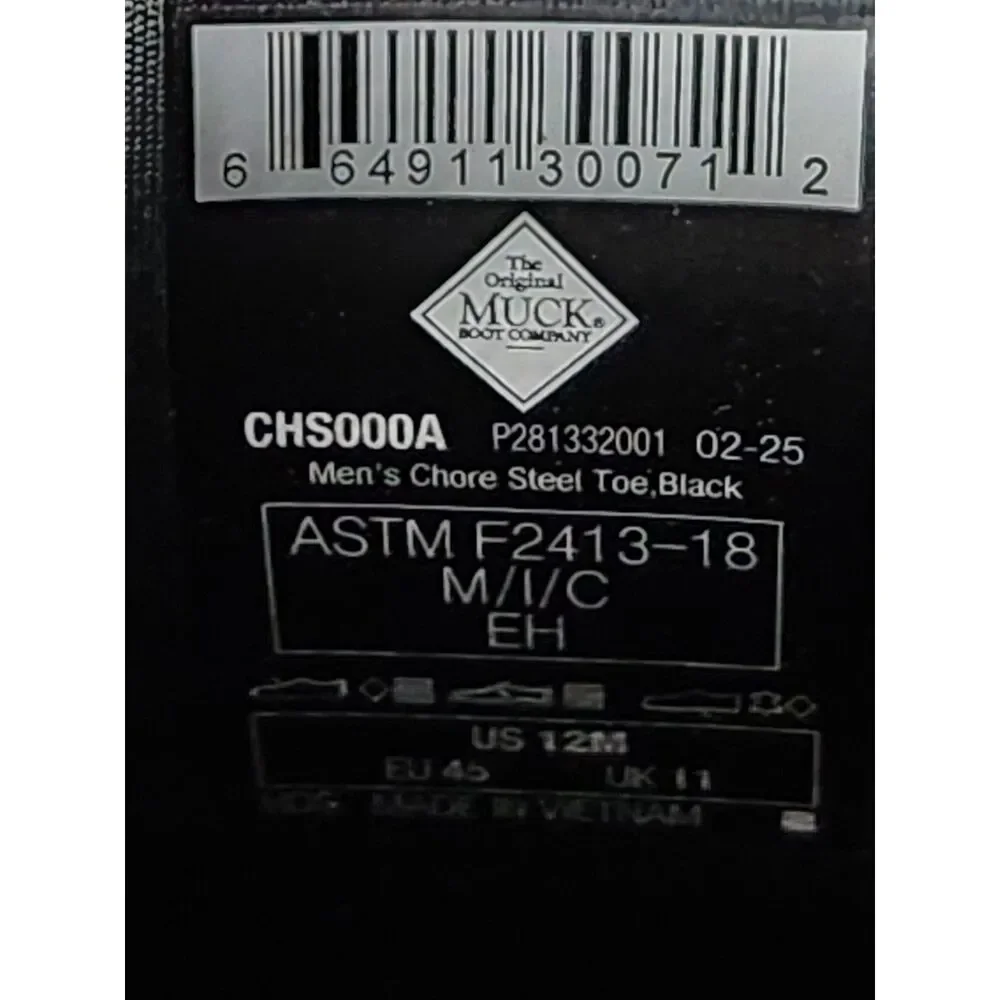 Muck Boot Chore Classic Steel Toe Men’s Size 12 Black